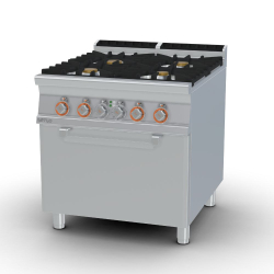   TŰZHELY, gázüzemű, 4 égőfejjel, elektromos statikus sütővel, GN2/1, 28,0 kW + 6,7 kW