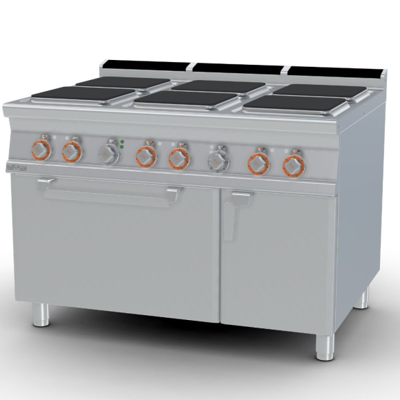 TŰZHELY, elektromos, 6 zónás, szögletes,  GN2/1 statikus sütővel, tárolóval, 30,7 kW 