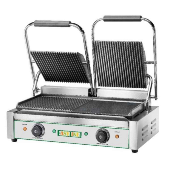 KONTAKT GRILL, 2 zónás, öntöttvas bordázott felület, 3,6 kW