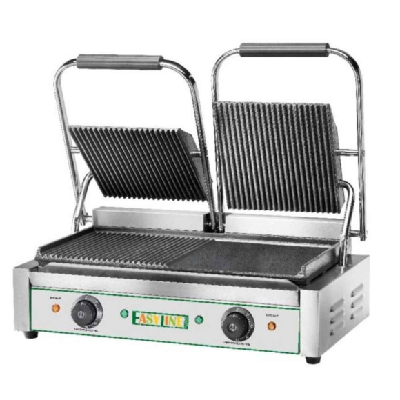 KONTAKT GRILL, 2 zónás, öntöttvas bordázott és sima felület, 3,6 kW