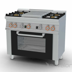   TŰZHELY, gázüzemű, 1 zónás francia lappal, 4 égőfejjel, gázüzemű statikus sütővel, 27,5 kW