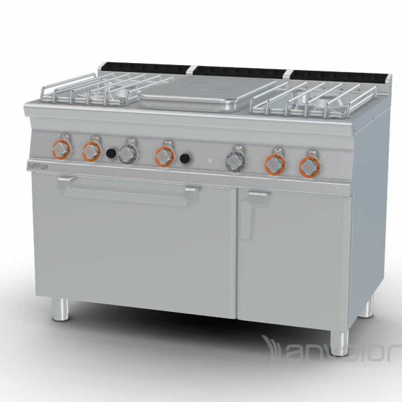 TŰZHELY, gázüzemű, 1 zónás francia lappal, 4 égőfejjel, gázüzemű statikus sütővel, tárolóval, 36,3kW