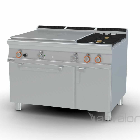TŰZHELY, gázüzemű, 1 zónás francia lappal, 2 égőfejjel, elektromos légkeveréses sütővel, tárolóval, 34,32 kW